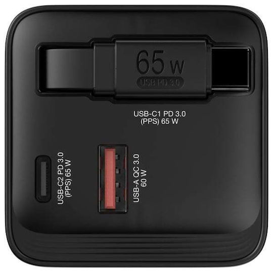 Verbatim Ladegerät mit integriertem Kabel GaN mit USB-A Anschluss und USB-C Anschluss USB-C 65W Stromlieferung / Schnellaufladung 3.0 Schwarzs (32217)