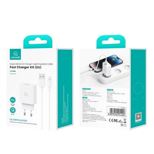 Usams Charger with USB-A Port and Cable Lightning 18W Quick Charge 3.0 Whites (US-CC083)