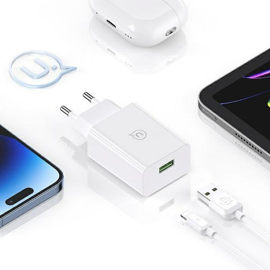 Usams Charger with USB-A Port and Cable Lightning 18W Quick Charge 3.0 Whites (US-CC083)