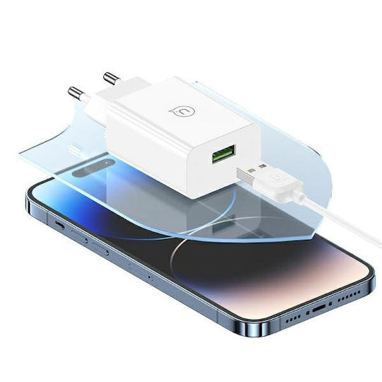 Usams Charger with USB-A Port and Cable Lightning 18W Quick Charge 3.0 Whites (US-CC083)