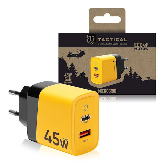 Tactical Φορτιστής Χωρίς Καλώδιο GaN με Θύρα USB-A και Θύρα USB-C 45W Power Delivery / Quick Charge 3.0 Κίτρινος (Microgrid GaN)