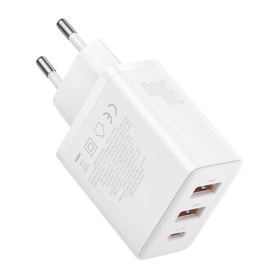Baseus GaN Wireless Charger with 2 USB-A Output Ports and USB-C Output Port 30W Power Delivery White (Cube Trio)