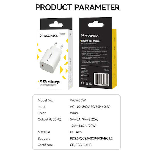 Wozinsky Charger Without Cable with USB-C Port 20W Power Delivery / Quick Charge 3.0 Whites (WGWCCW)