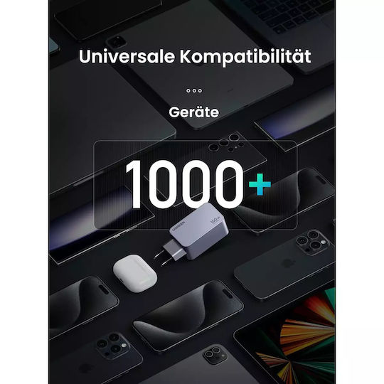 Ugreen Charger GaN with USB-A Port and 2 USB-C Ports and Cable USB-C - USB-C 100W Power Delivery / Quick Charge 4+ Gray (Nexode Pro)