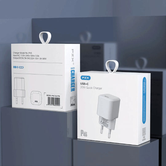 PZX Φορτιστής με Θύρα USB-C και Καλώδιο USB-C - USB-C 20W Power Delivery Λευκός (P45)