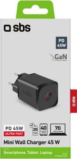 SBS Зарядно Устройство Без Кабел GaN с USB-C Изходен Порт 45W Power Delivery Черно (TRGAN1C45W)