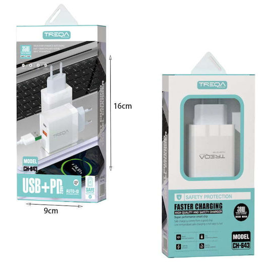 Treqa Ladegerät ohne Kabel mit USB-A Anschluss und USB-C Anschluss 35W Schnellaufladung 3.0 Weißs (CH-643)