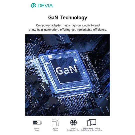 Devia Charger Without Cable GaN with USB-A Port and 2 USB-C Ports 65W Power Delivery Whites (Extreme Speed Series)