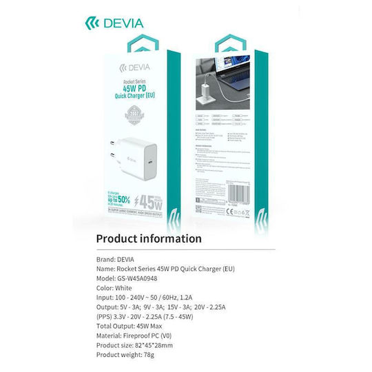 Devia Φορτιστής Χωρίς Καλώδιο με Θύρα USB-C 45W Power Delivery Λευκός (Rocket Series)
