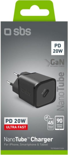 SBS Φορτιστής Χωρίς Καλώδιο GaN με Θύρα USB-C 20W Power Delivery Μαύρος (TRGAN1C20K)