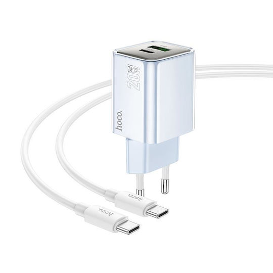 Hoco Charger GaN with USB-A Port and USB-C Port and Cable USB-C - USB-C 20W Power Delivery / Quick Charge 3.0 Whites (N46)