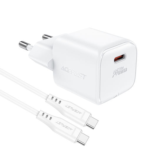 Acefast Φορτιστής GaN με Θύρα USB-C και Καλώδιο USB-C - USB-C 20W Power Delivery / Quick Charge 2.0 / Quick Charge 3.0 / Quick Charge 4+ Λευκός (A73)