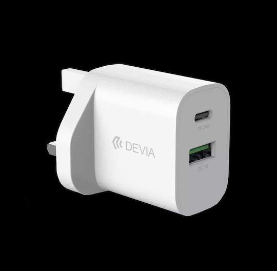 Devia Φορτιστής Χωρίς Καλώδιο με Θύρα USB-A και Θύρα USB-C 20W Λευκός (3-Pin UK Charging)