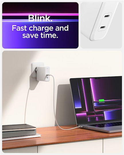 Spigen Φορτιστής Χωρίς Καλώδιο GaN με 2 Θύρες USB-C 140W Power Delivery Λευκός (ArcStation Pro GaN-1402)