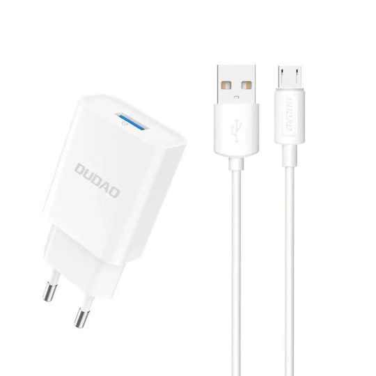 Dudao Φορτιστής με Θύρα USB-A και Καλώδιο micro USB Λευκός (A4EU)