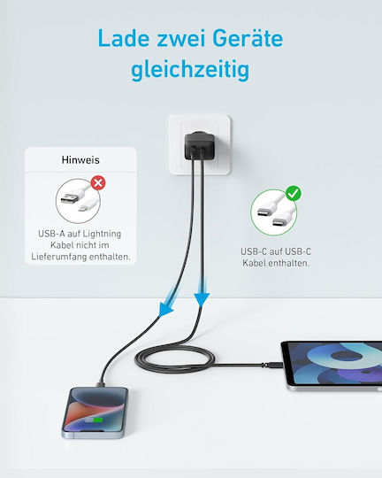 Anker Charger with USB-A Port and USB-C Port and Cable USB-C - USB-C 20W Blacks (B2348311)