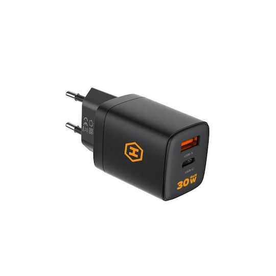 Hammer Φορτιστής Χωρίς Καλώδιο με Θύρα USB-A και Θύρα USB-C 30W Power Delivery Μαύρος (RapidCharge Duo)