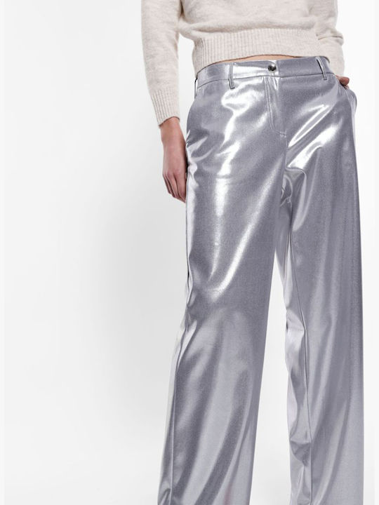 Damen Stoff Hose in Weitem Schnitt Silber