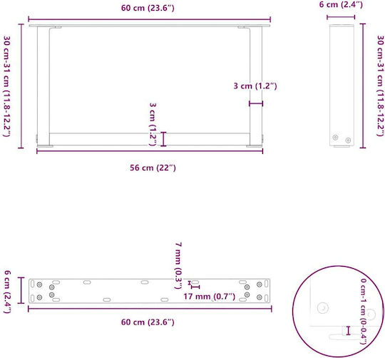 vidaXL Metallic Furniture Leg 2 Pieces Suitable for Table / Coffee Table 60x30cm White