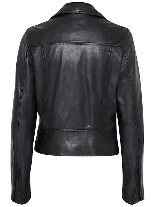 Women's Short Lifestyle Leather Jacket for Winter Black