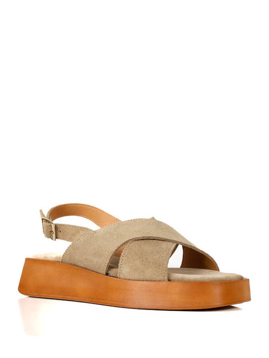 Beige Leather Cross-Strap Flatforms