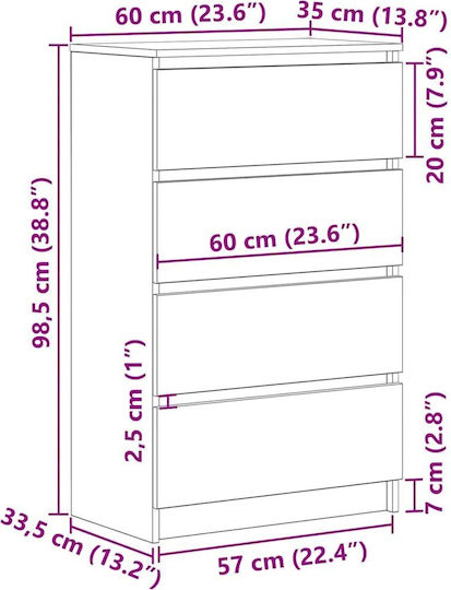 Συρταριέρα Креватокамарас Дървена с 4 чекмеджета Black Oak 60x35x98.5бр