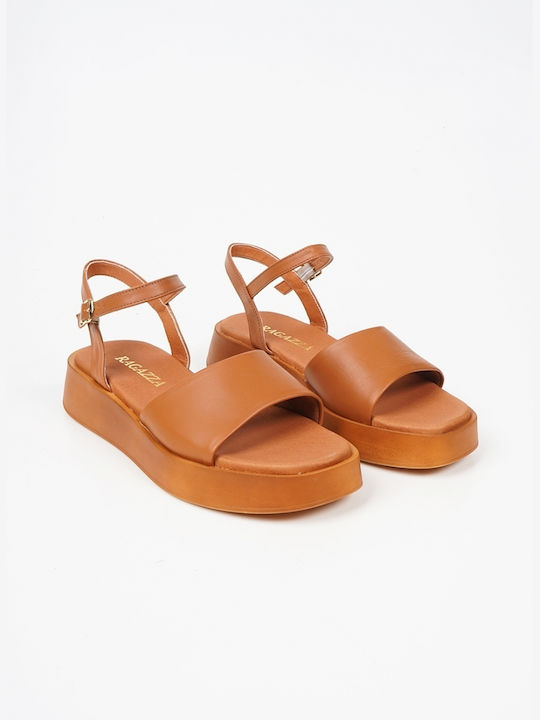 Ragazza Leather Women's Flat Sandals Flatforms in Tabac Brown Color