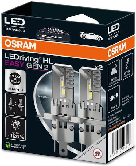 LED крушки H4/H19 Osram LEDriving HL Easy Gen2 12 волта 25 вата 1850/1500 лумена 6500k 2 броя