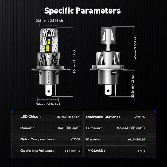 NovSight Lamps Car & Motorcycle H4 LED 6500K Cold White 12V 70W 2pcs