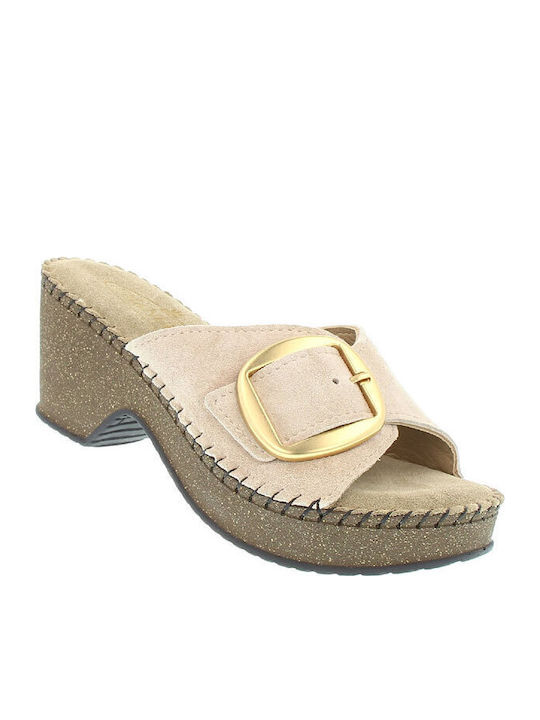 Mules with Chunky High Heel in Beige Color