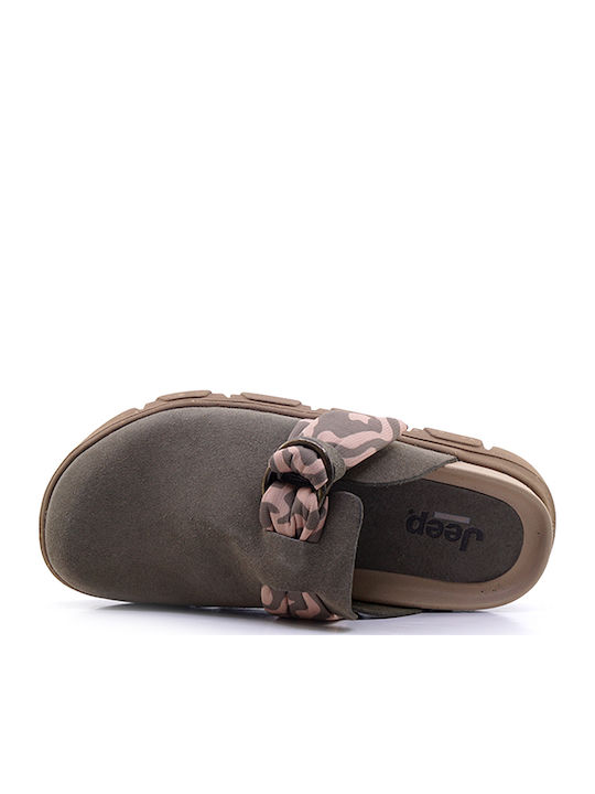 Leather Mules with Heel in Khaki Color