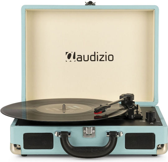 Audizio 102.040 Винтидж Грамофон Куфарче със Задвижване с Ремък, Предусилвател и Вградени Говорители Светлосин