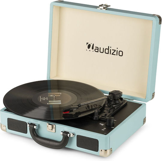 Audizio 102.040 Винтидж Грамофон Куфарче със Задвижване с Ремък, Предусилвател и Вградени Говорители Светлосин