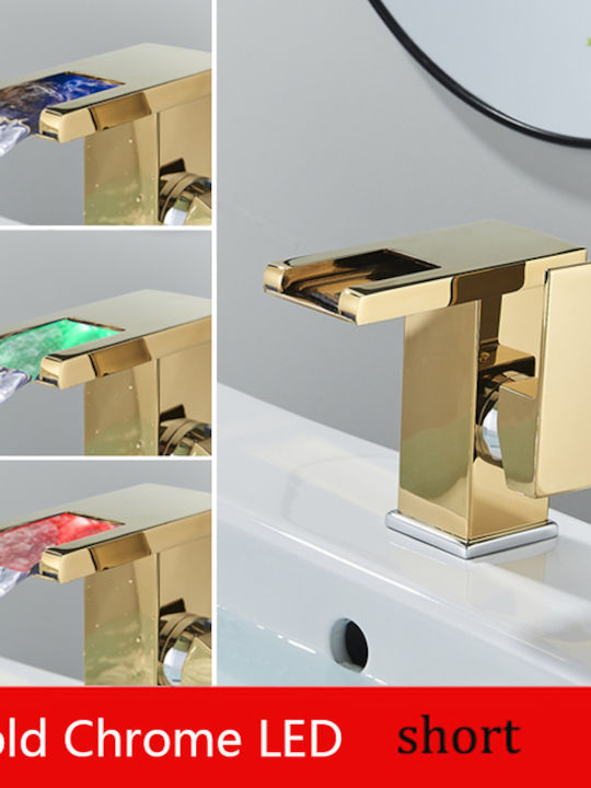 Badezimmer-Waschtischarmatur Blackswan Typ M191 Kurz Gold Chrom Modell Wasserfall-Auslauf LED Größe 12,5 cm