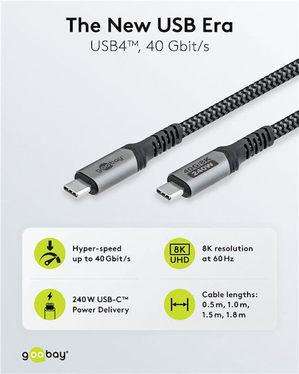 Goobay Braided USB 4 Video Cable USB-C Male - USB-C / DisplayPort 240W PD Grey 0.5m 74210