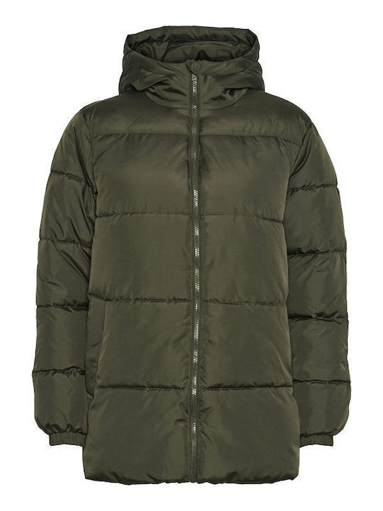 Women's Short Puffer Jacket for Winter Khaki