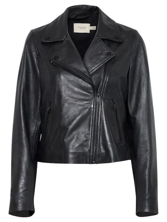 Women's Short Lifestyle Leather Jacket for Winter Black