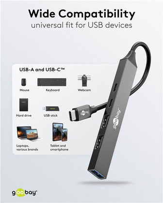 Goobay USB-Hub 5 Anschlüsse USB 3.2 mit USB-C Verbindung Grau