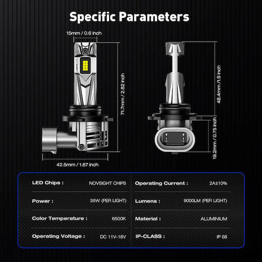 NovSight Лампи Автомобила & Мотоциклета HB3 LED 6500К Хладно бяло 12-24V 70W 2бр