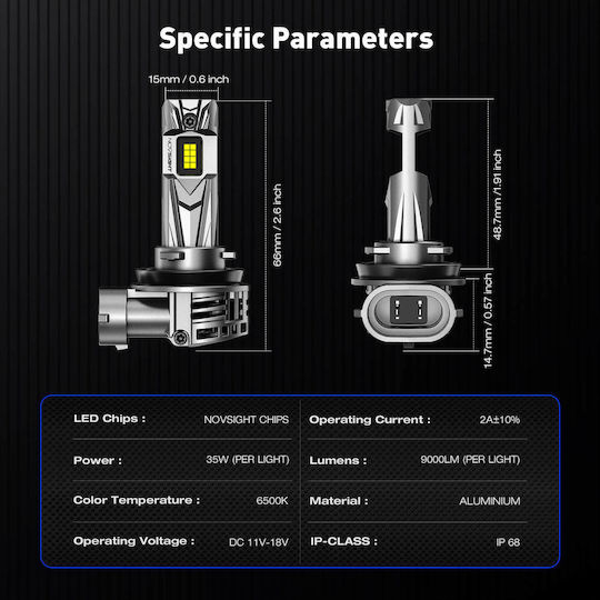 NovSight Lamps Car & Motorcycle H11 / H8 / H9 LED 6500K Cold White 12-24V 70W 2pcs