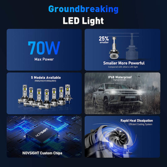 NovSight Lamps Car & Motorcycle H11 / H8 / H9 LED 6500K Cold White 12-24V 70W 2pcs