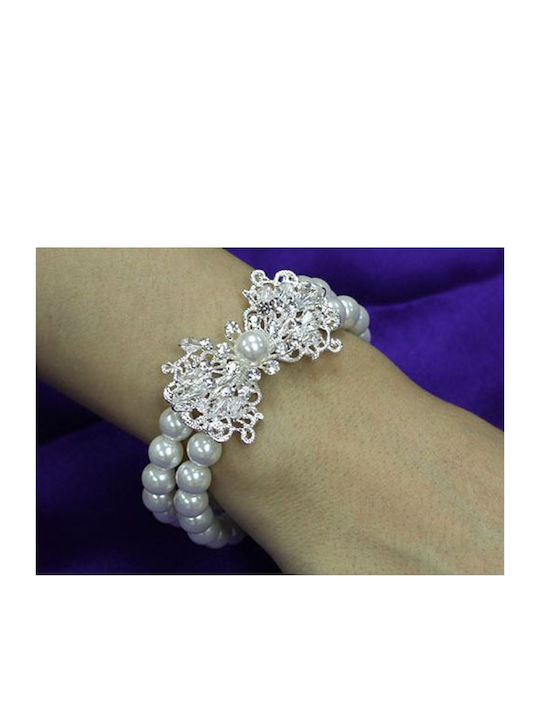 Brautarmband Weißer Kunstperle Art Deco Savanna Länge 16,5 cm Elastizität 2 Elastische Bänder Armbandgröße 5 x 2,8 cm Perlengröße 0,8 cm