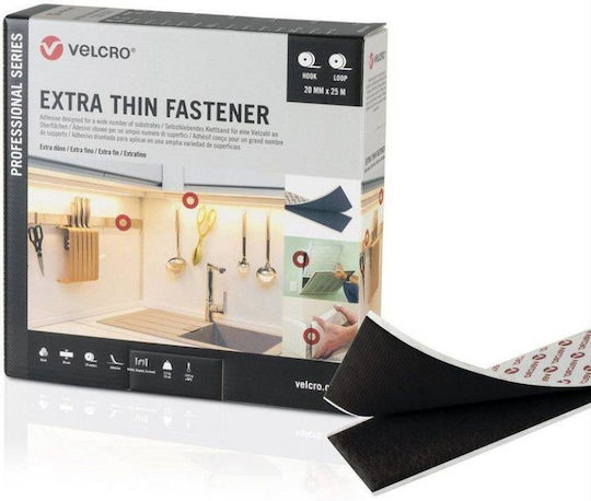 Velcro Extra Thin Fastener Self-Adhesive Hook & Loop Tape Black 20mmx25m 1pcs 97.PS200016 8412355200165