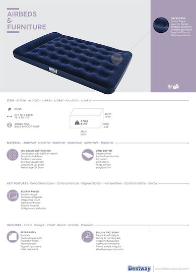 Bestway Inflatable Single Air Mattress with Integrated Pump 185x76x28cm Blue