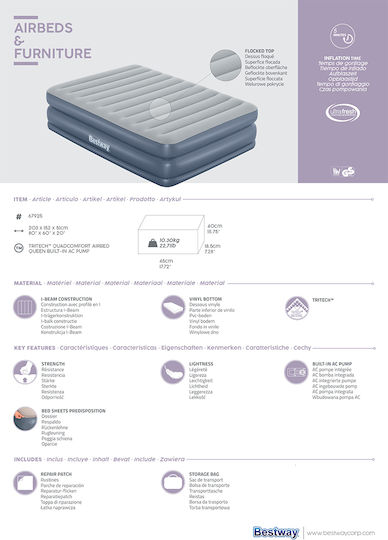 Bestway Double Camping Air Mattress With Integrated Electric Pump 203x152x51cm Blue