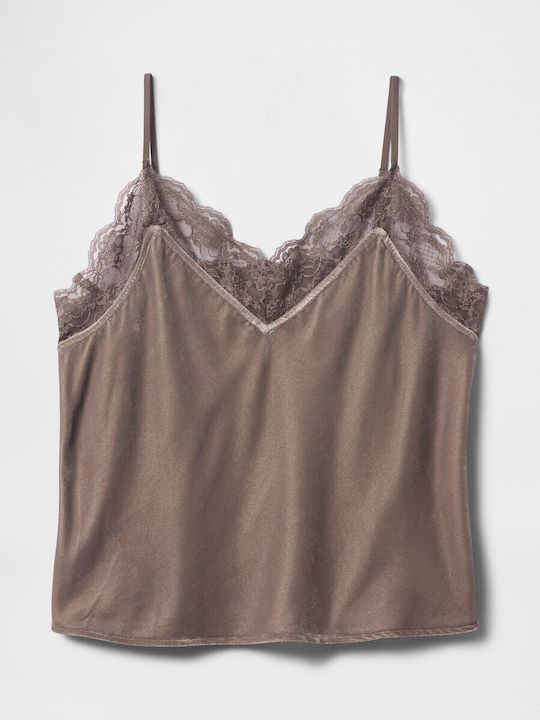 Women's Blouse Velvet Sleeveless with V Neckline Brown