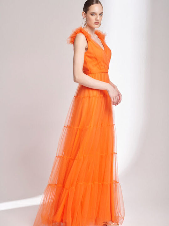 Sommer Maxi Damenkleid für Hochzeit - Taufe mit Tüll Orange