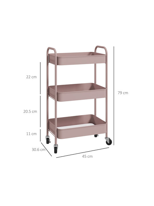 HomCom Metallic Kitchen Trolley 3 Tiers Pink 45x30.6x79cm