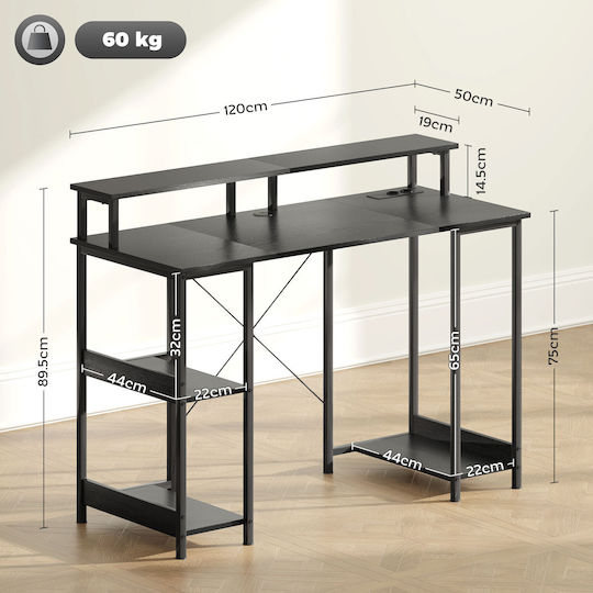 Computer Office Wooden Black with Metal Legs, LED & USB ports 120x50cm
