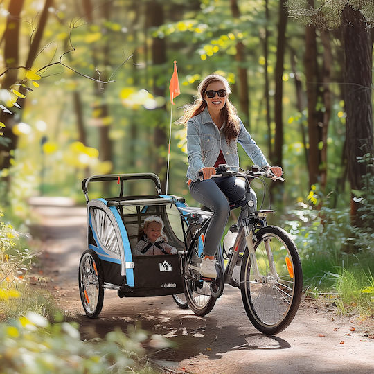Homcom Fahrradanhänger Kinderwagen 2 in 1 Gurt Taschen Fahne Blau 440-026bu